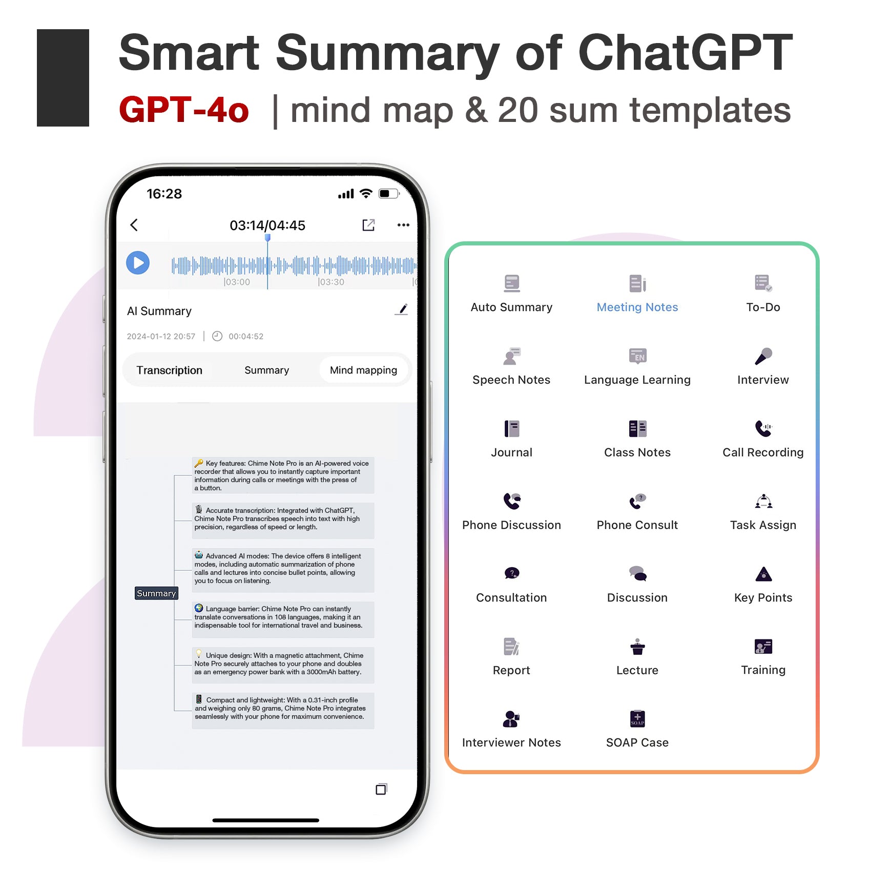 CHIME NOTE Pro AI Voice Recorder with ChatGPT-Powered Summaries