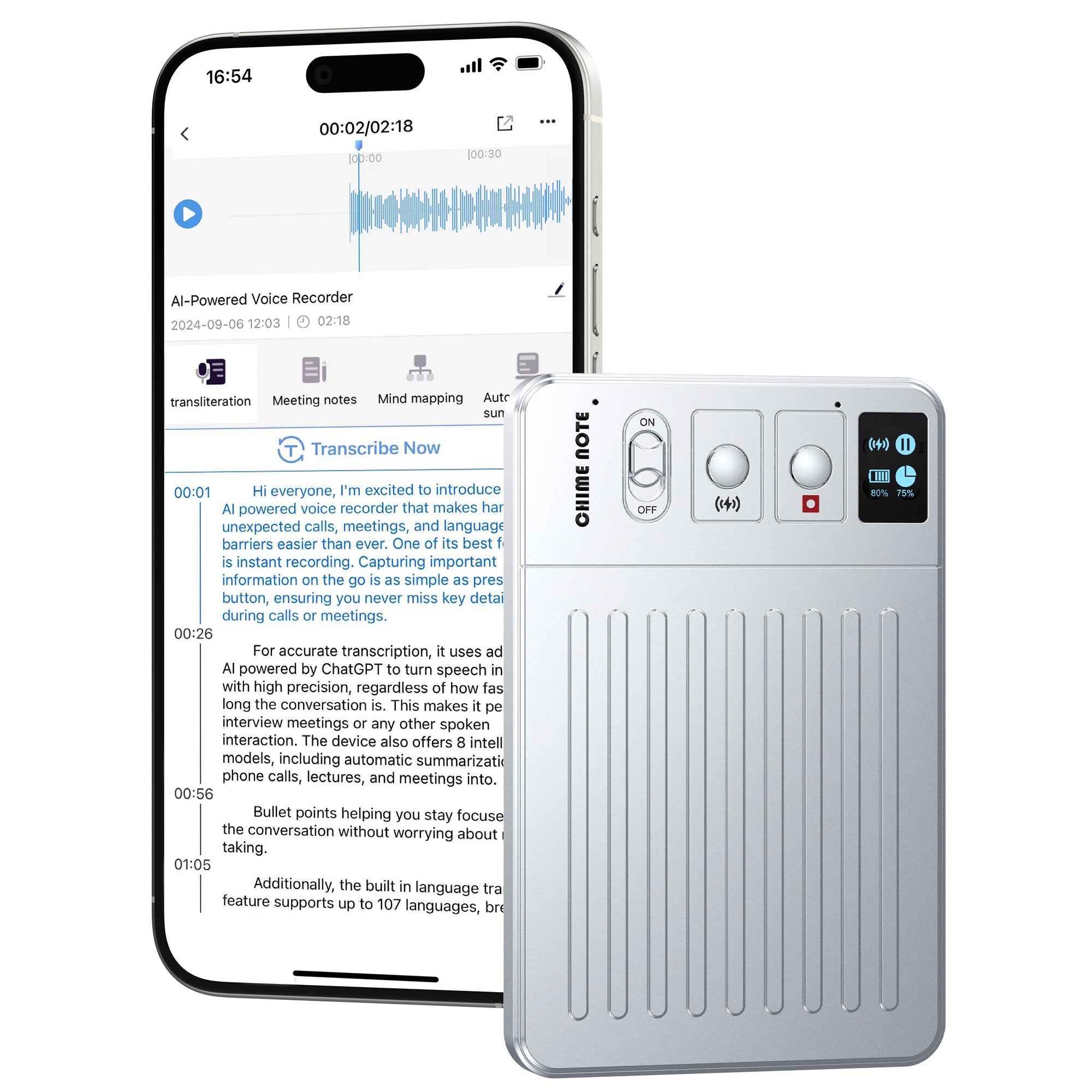 CHIME NOTE Pro AI Voice Recorder with ChatGPT-Powered Summaries - CHIMENOTE