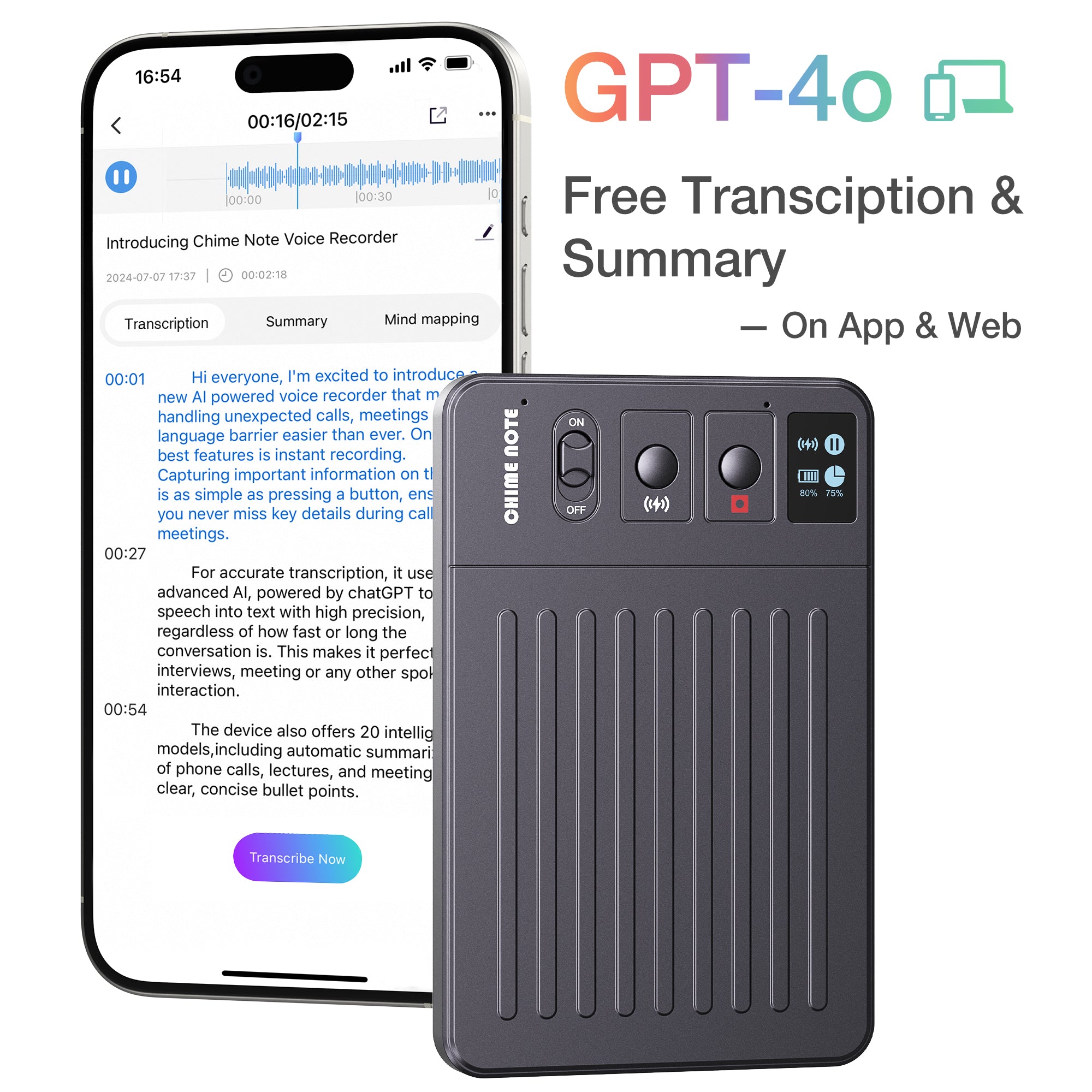 CHIME NOTE Pro AI Voice Recorder with ChatGPT-Powered Summaries