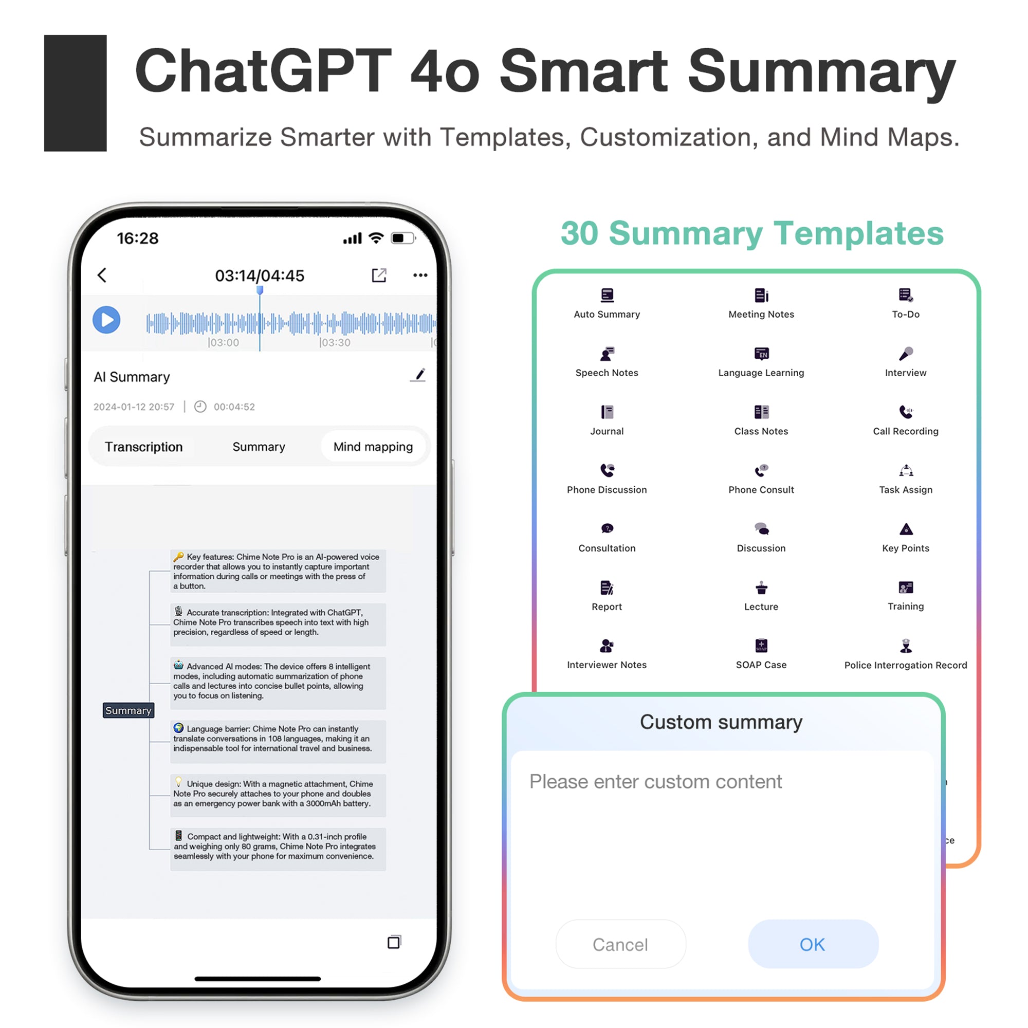 CHIME NOTE Pro AI Voice Recorder with ChatGPT-Powered Summaries